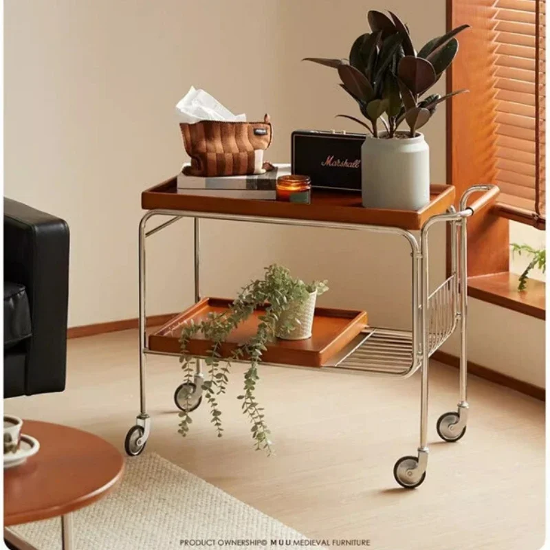 Solid Wood Tea Cart Movable Side Table Sofa Edge Corner Storage Modern Dining Cabinet Multifunctional Trolley