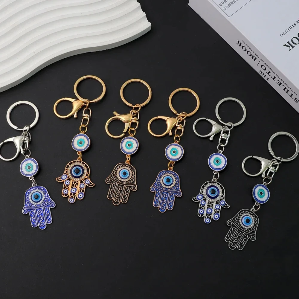 Fashion Hollow Blue Evil Eye Keychain Lucky Fatima Hamsa Hand Keyring for Women Men Bag Charm Car Airpods Box Key Accessories