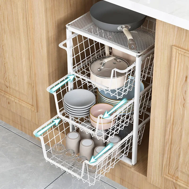 Kitchen basket cabinet, basket drawer type, dishes, seasoning, wrought iron double corner, pull-out transformation, three-layer