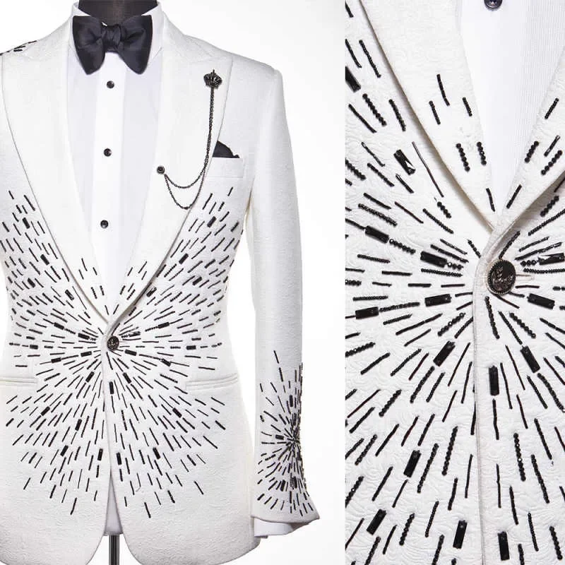 Fashion Wedding Tuxedos Beading Peaked Lapel Men Suit 1 Piece Set Jacket Banquet Formal Groom Wear Blazers Customized