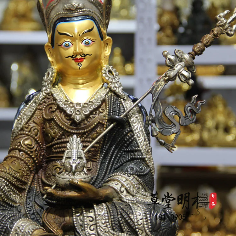 46 سم ضخمة كبيرة #   الجملة تماثيل بوذا معبد المنزل الفضة تصفيح الهند التبت بادماسامبهافا جورو رينبوتشي بوذا النحاس الفن