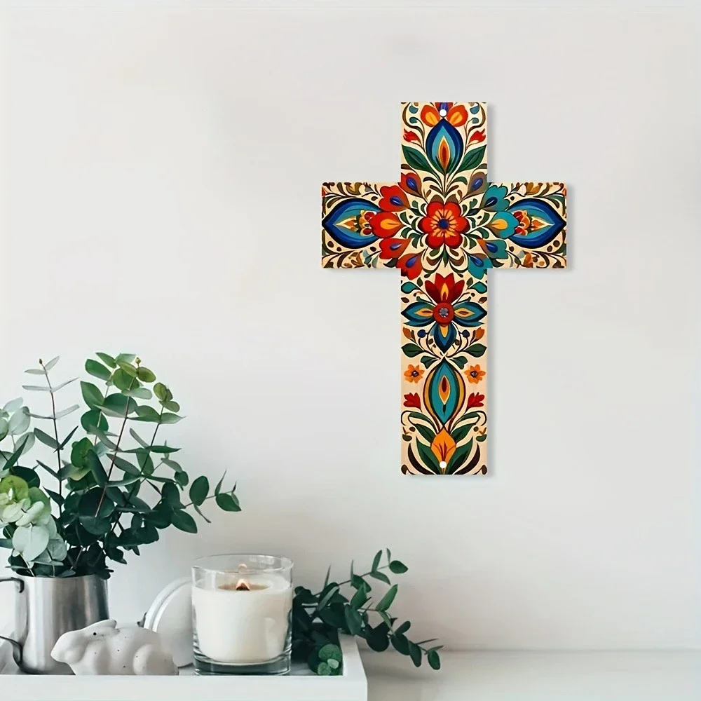 1pc Mexican Pattern Metal Cross Wall Art -Handcrafted Religious Folk Art with Vibrant Floral Design,Suitable for Day of The Dead