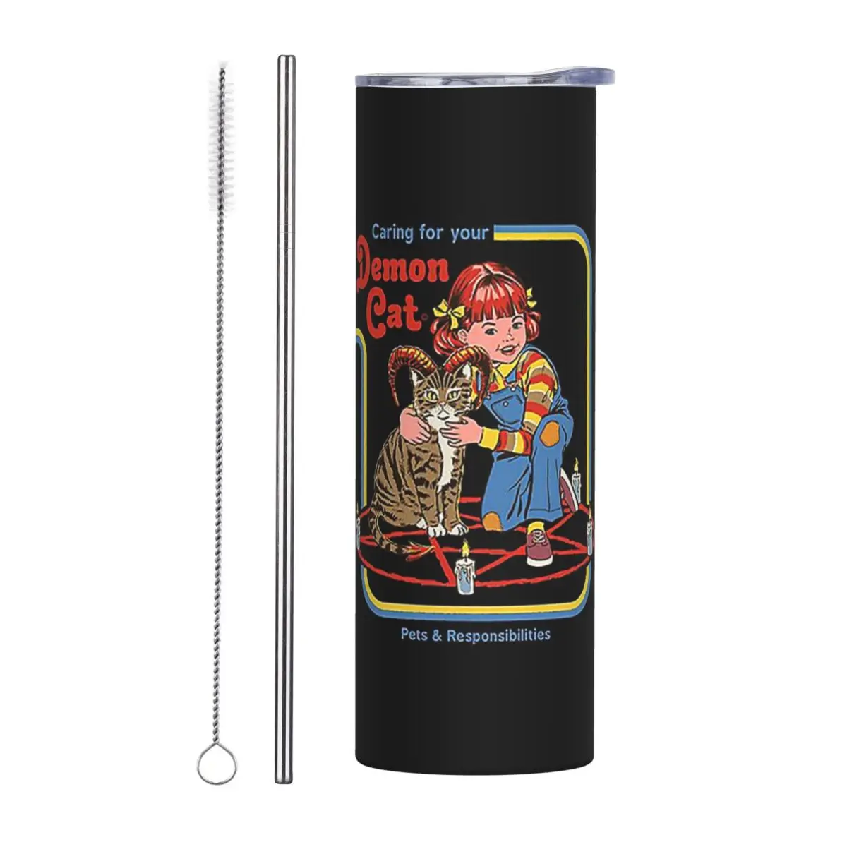 Caring For Your Demon Cat Stainless Steel Tumbler Vacuum Insulated Mug Thermal Cold Cup Straw With Lid 20oz