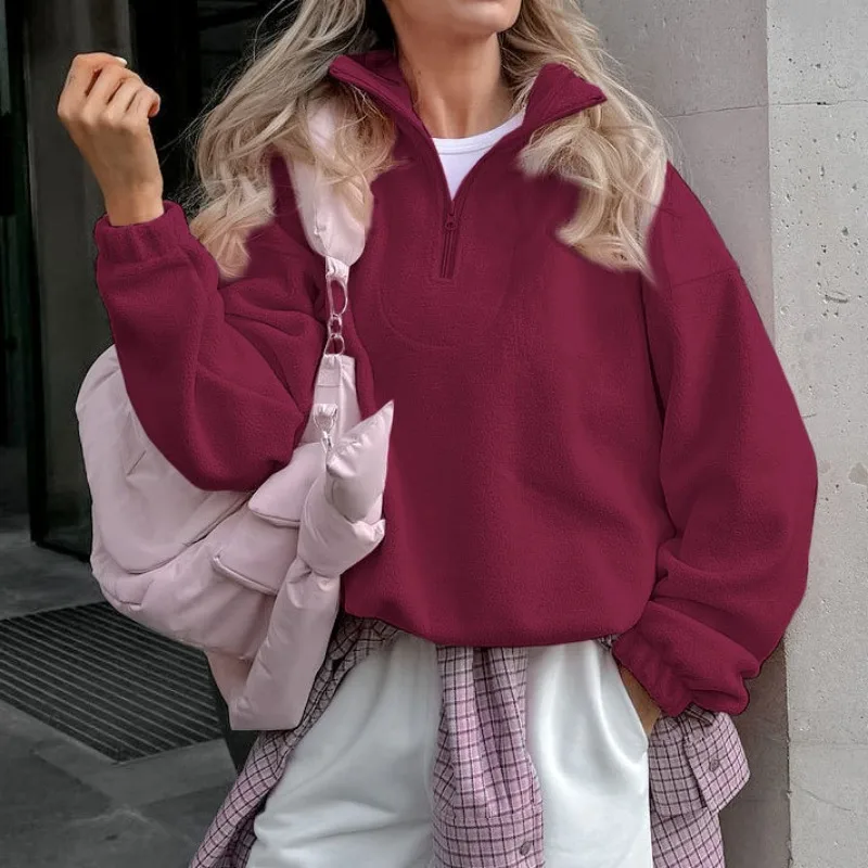 2025 Polar Fleece Sweatshirts Turn Down Collar Hoodies Solid Women Long Sleeve Sweatshirt High Street Pullover Loose Fit Sports