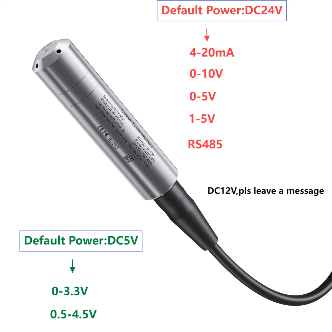 0-500M Range Hydrostatic Liquid Level Transmitter 4-20mA 0-10V 0-3.3V Output Water Pressure Level Sensor Probe 0-5M 10M 15M 20M