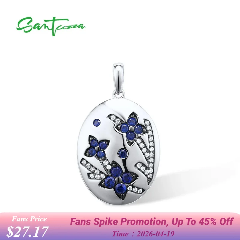

SANTUZZA 925 Sterling Silver Blue Flower Pendant For Women Created Sapphire White Cubic Zirconia Oval Shaped Fine Trend Jewelry