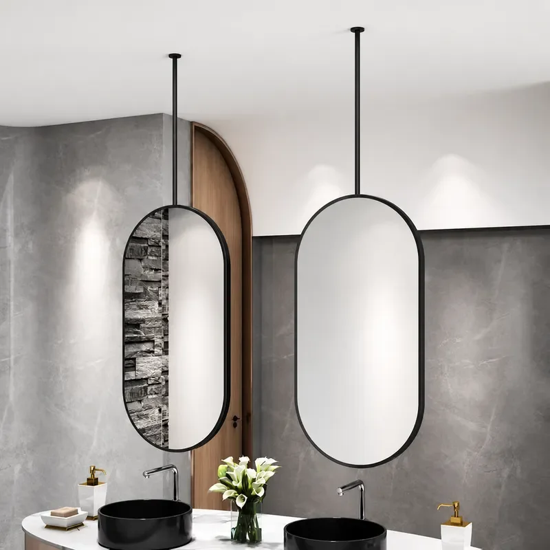 Double Sided Hanging Mirror with Light Oval Ceiling Mounted Makeup Mirror for Bathroom Toilet Illuminated Vanity Wall Mirror