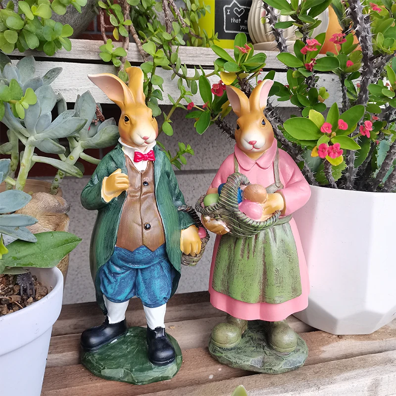 2Pcs Garden Decoration Couple Rabbits Ornament Outdoor Garden Easter Bunny Retro Desktop Home Furnishings