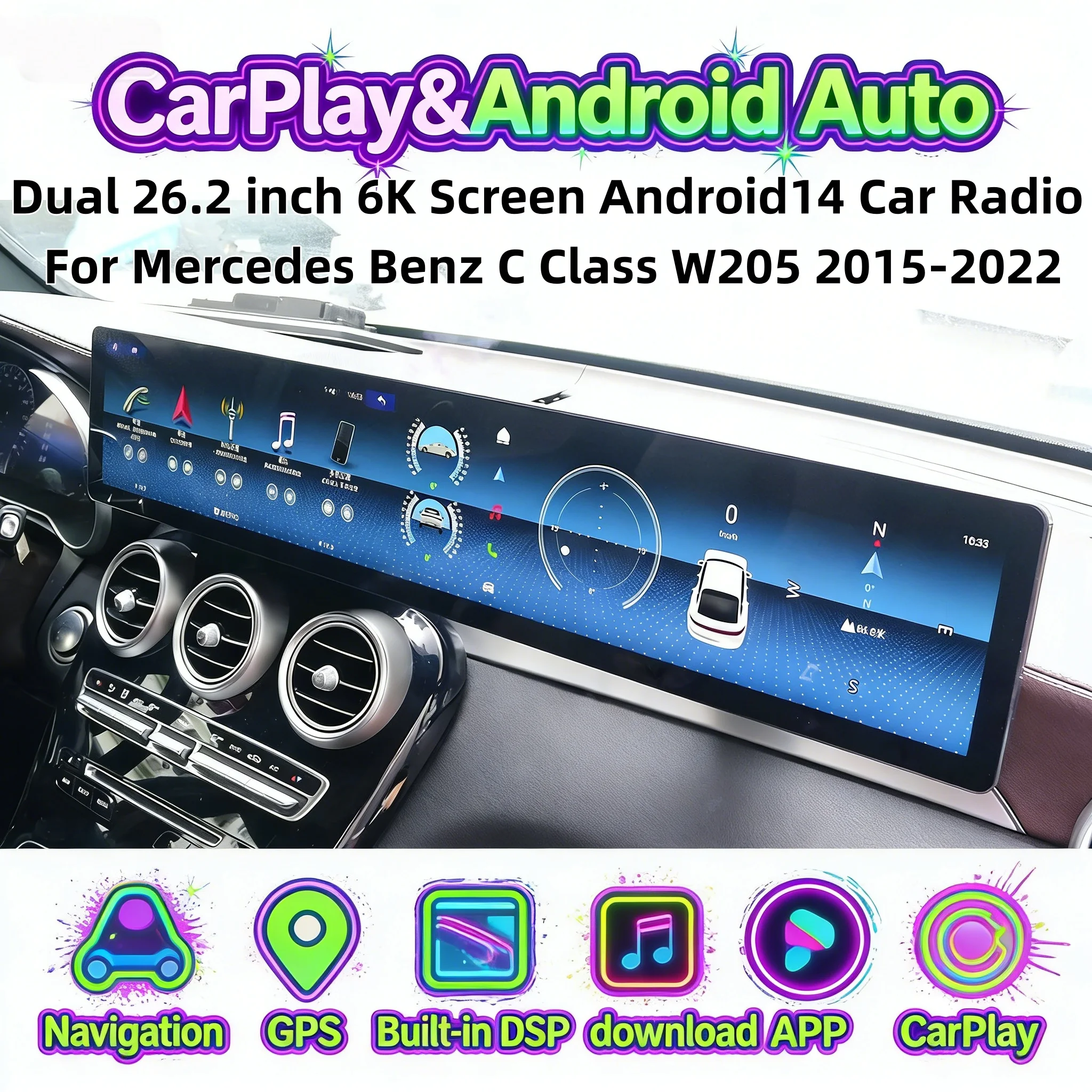 

6K экран с поддержкой Carplay для Mercedes Benz C-класса W205 2015-2022, мультимедийный проигрыватель на Android, GPS-навигация, BT 5.0, 4G, Wi-Fi