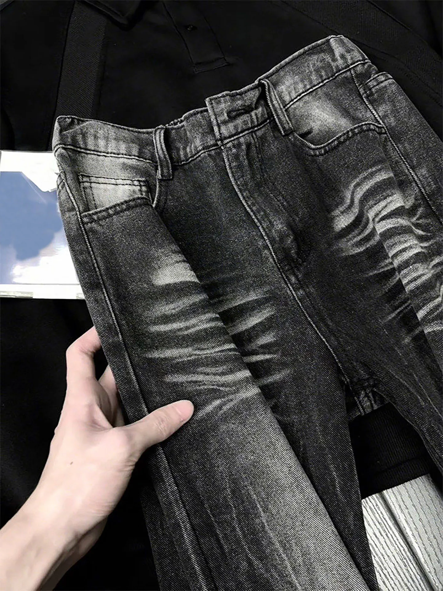 Vintage Washed Slim Fit Straight Leg Jeans High Street Lightning Pattern Button Half Elasticity for Men Summer Casual Denim