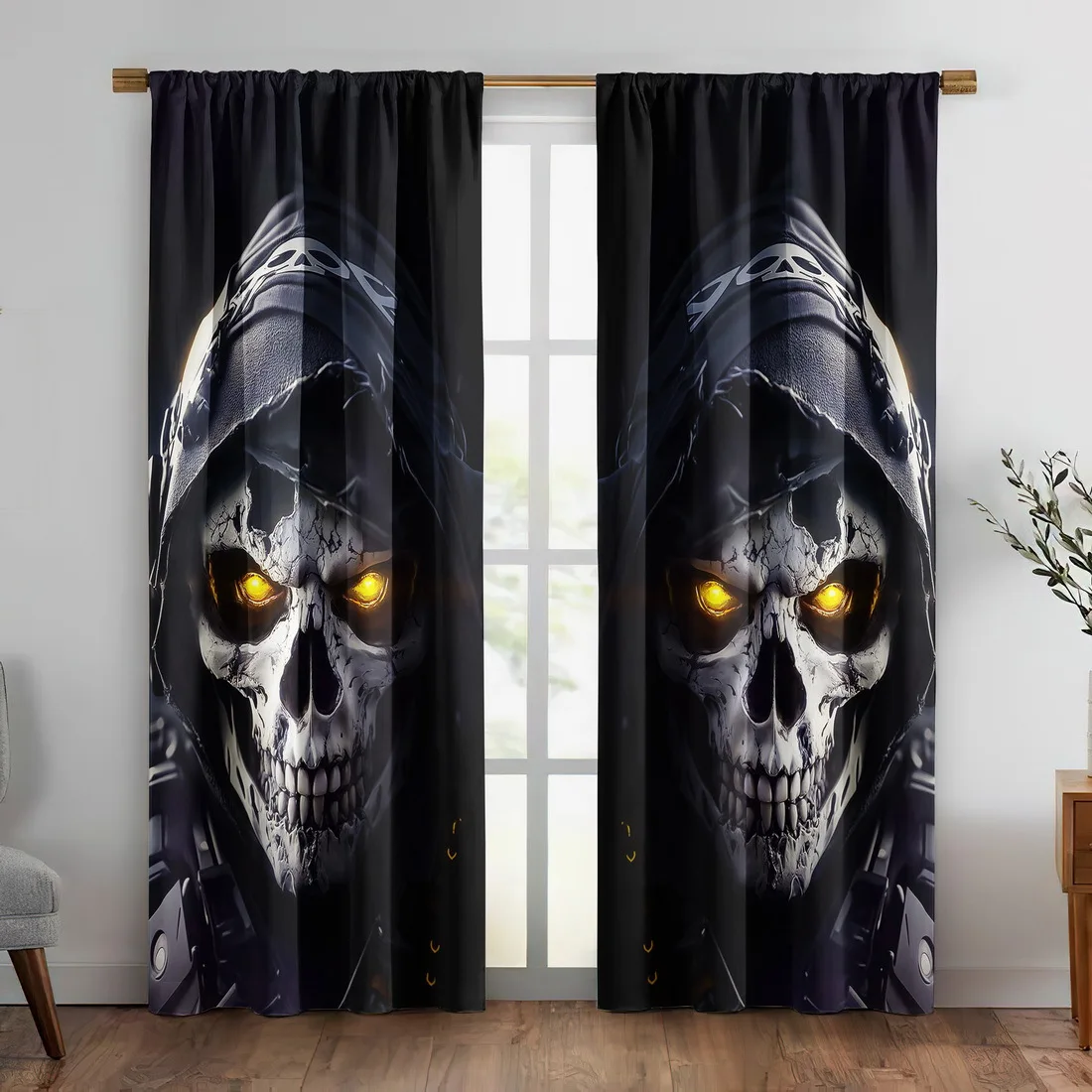2 Panels Skull Printed Curtains Grim Reaper Hooded Skeleton Blackout Drapes for Living Room Bedroom Halloween Home Decor