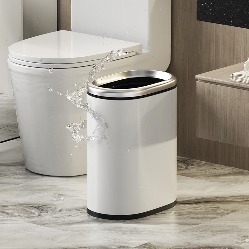 9L/2.4Gal Stainless steel oval trash can with ring, Light luxury metal narrow trash bin for bathroomm,bedroom,office,hotel