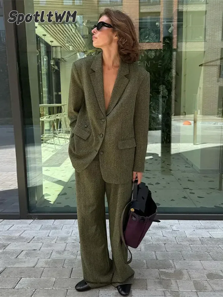 Elegant Lapel Long Sleeve Single Breasted Coat Pants Suit Fashion Solid Wide Leg Pant 2 Piece Set For Women Female Street Outfit