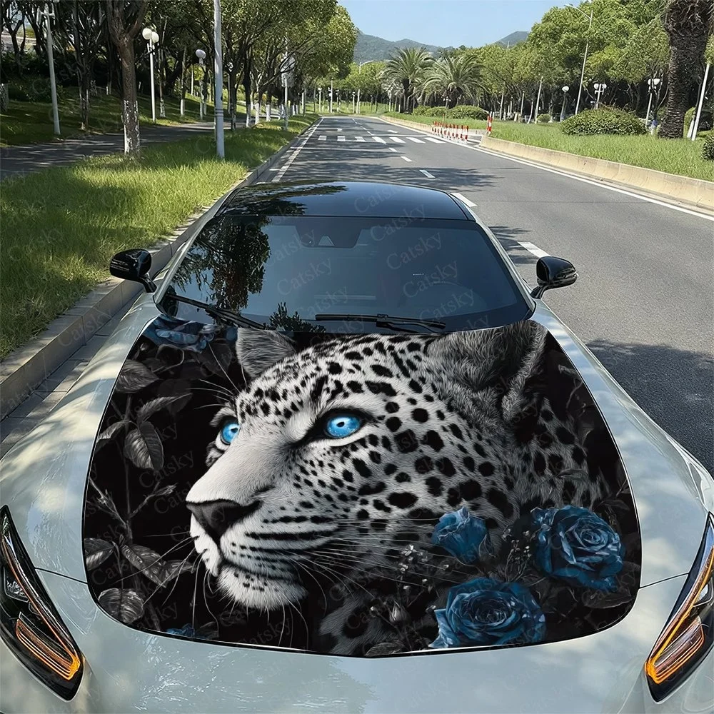 Hidden Leopard Car Hood Sticker PVC Self Waterproof Stick, Striking Auto Exterior Accessories Decor Protect Gift for Car Lover