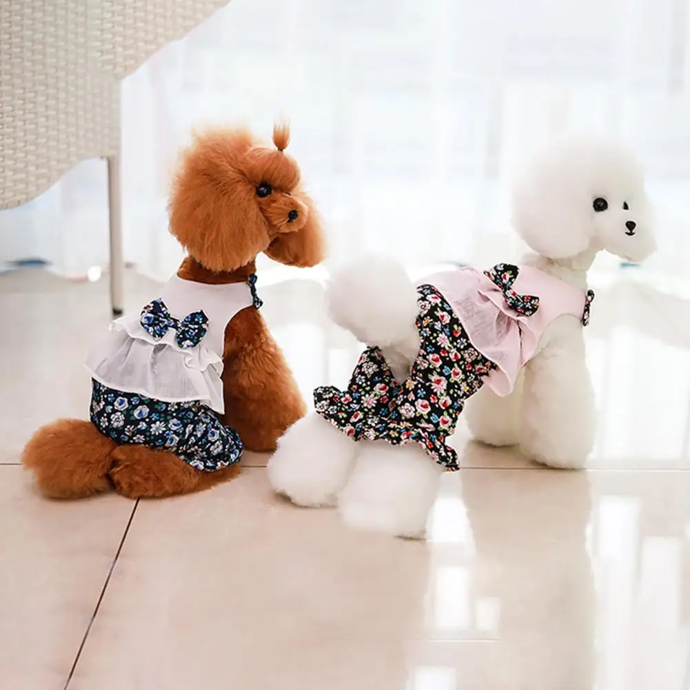 Pet Bodysuit Soft Texture Ruffles Hem Attractive Floral Printed Pet Bowknot Summer Clothes Dog Overalls Decorative