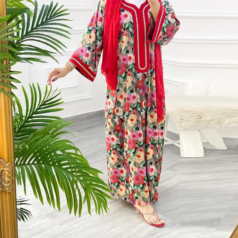 Floral Print Abaya Women Hijab Scarf Maxi Dress Muslim Turkey Dubai Kaftan Arabic Robe Islamic Morocco Party Caftan Eid Ramadan