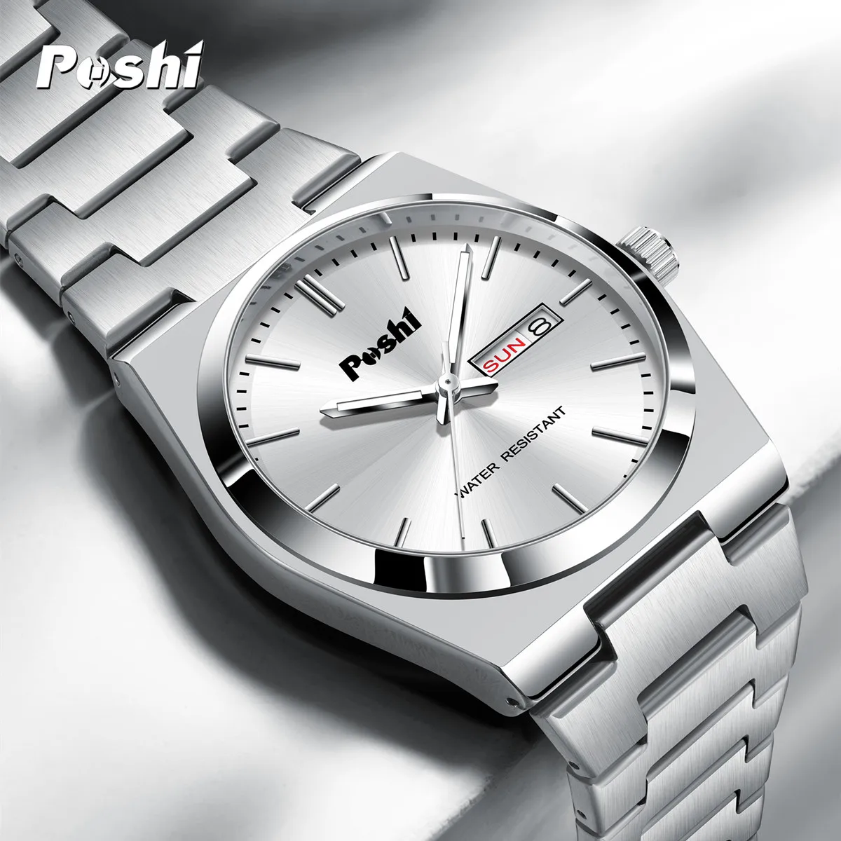 POSHI 979 Luxury Quartz Watch for Man Fashion Business Stainless Steel Wristwatch Men\'s Clock Date Week Dilsplay Watch Box