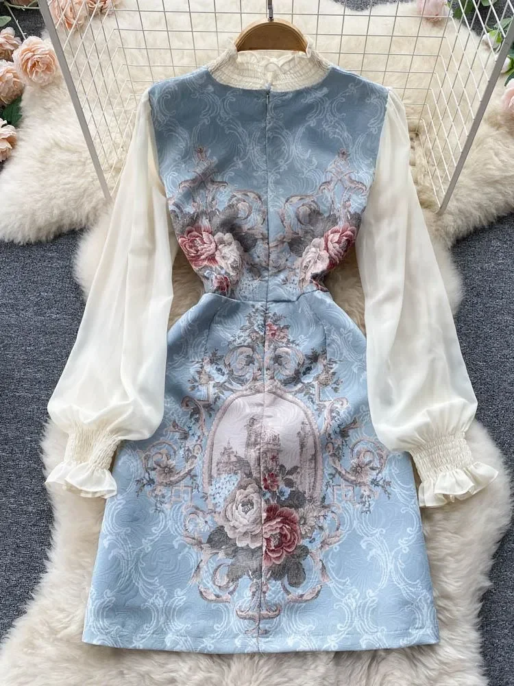 

2023 Fashion Jacquard Flower Dress Women's Ruffled Stand Collar Flare Sleeve Patchwork Floral Print Blue Sweet Mini Vestidos