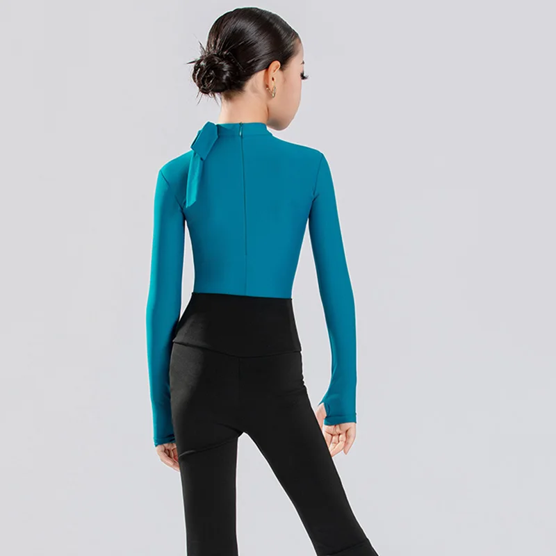 Dames Kinderen Meisjes Latin Danskostuums Lange mouw V-hals Vouwbodysuit en oefenbroek Past Ballroom Rumba Danskleding