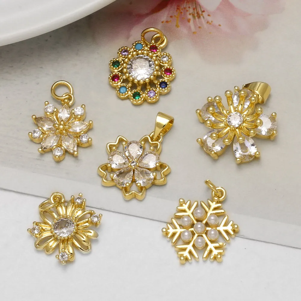 OCESRIO Small Flower Snowflake Gold Plated Copper Crystal Pearl Pendants for Necklace Jewelry Making Supplies DIY chma327