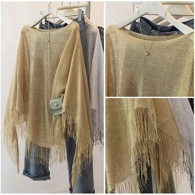 Beach Sexy Bikini Cover up Open Cardigan Hollow out Cape Bright Silk Shawl Women's Lace Shirt Mesh Fabric Batwing Sleeve