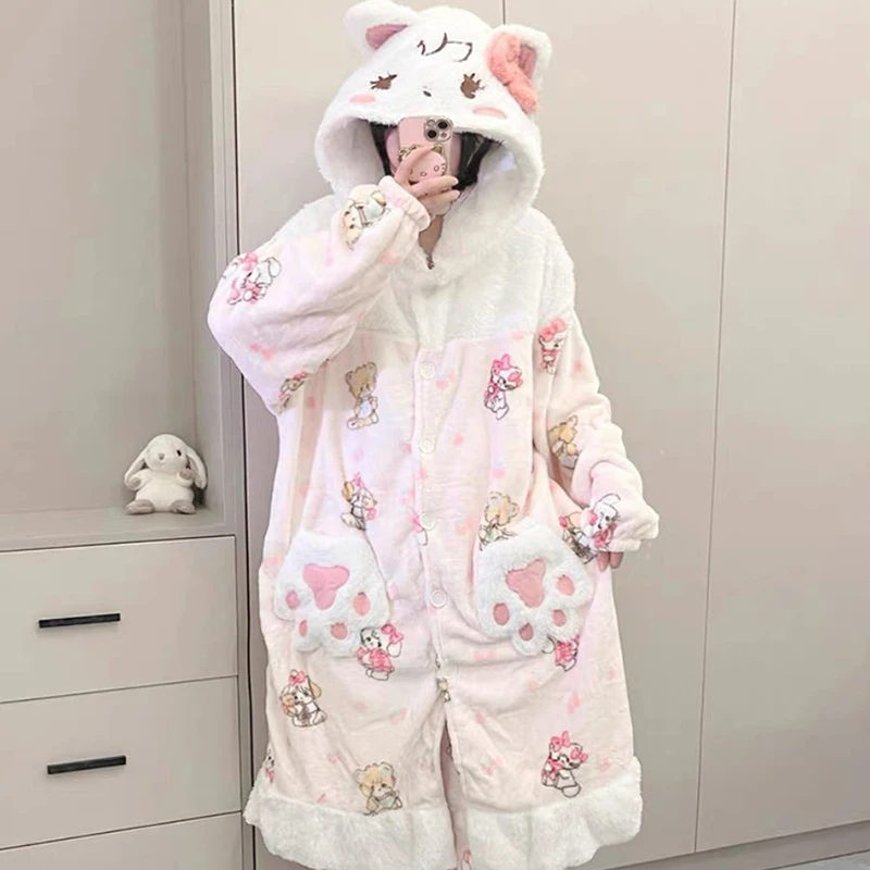 Mikko Cartoon-Flanell-Nachthemd mit Kapuze für Damen, Winter-Thermo-Nachtwäsche-Set, niedliche Homewear, Loungewear, gemütliches Pyjama-Outfit