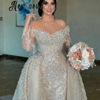 שמלת כלה שמלת כלה שמלת כלה שרוול ארוך נתיק רכבת כלה שמלת כלה down dubai מותאם אישית קריסטלים 2025 וסטידו דה קמנטו