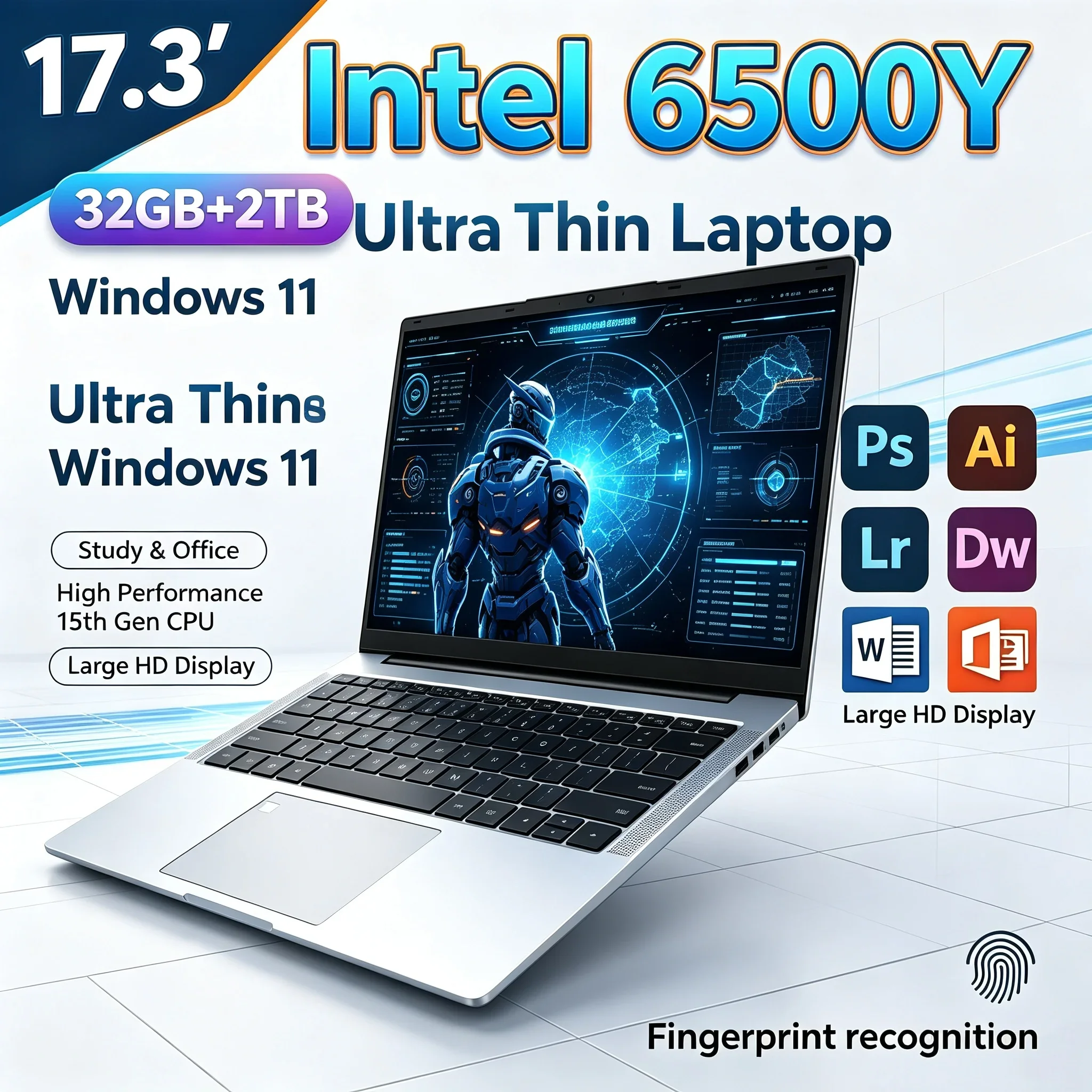 17.3 Inch Portable Laptop Large HD Screen Intel 6500Y 32GB RAM 1TB 2TB SSD Windows11 WiFi6 BT5.2 Notebook For Household & Office