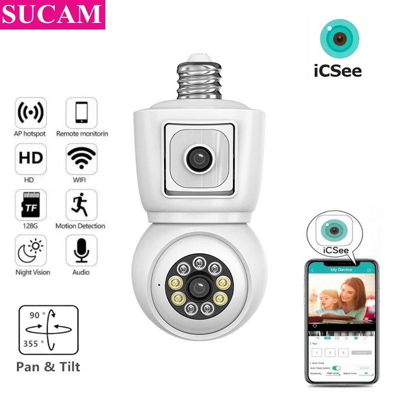 

ICSEE 2*3MP Dual Screen Wifi Light Bulb Camera Dual Lens Humanoid Detection Two Way Talk Wireless CCTV Camera Indoor