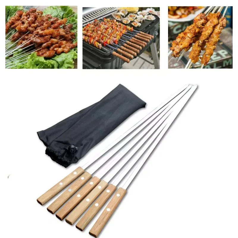 6Pcs/Set Barbecue Meat String Skewer Chunks Of Meat Stainless Steel Natural Beech Handle Roast Stick For BBQ Outdoor Picnic 55cm