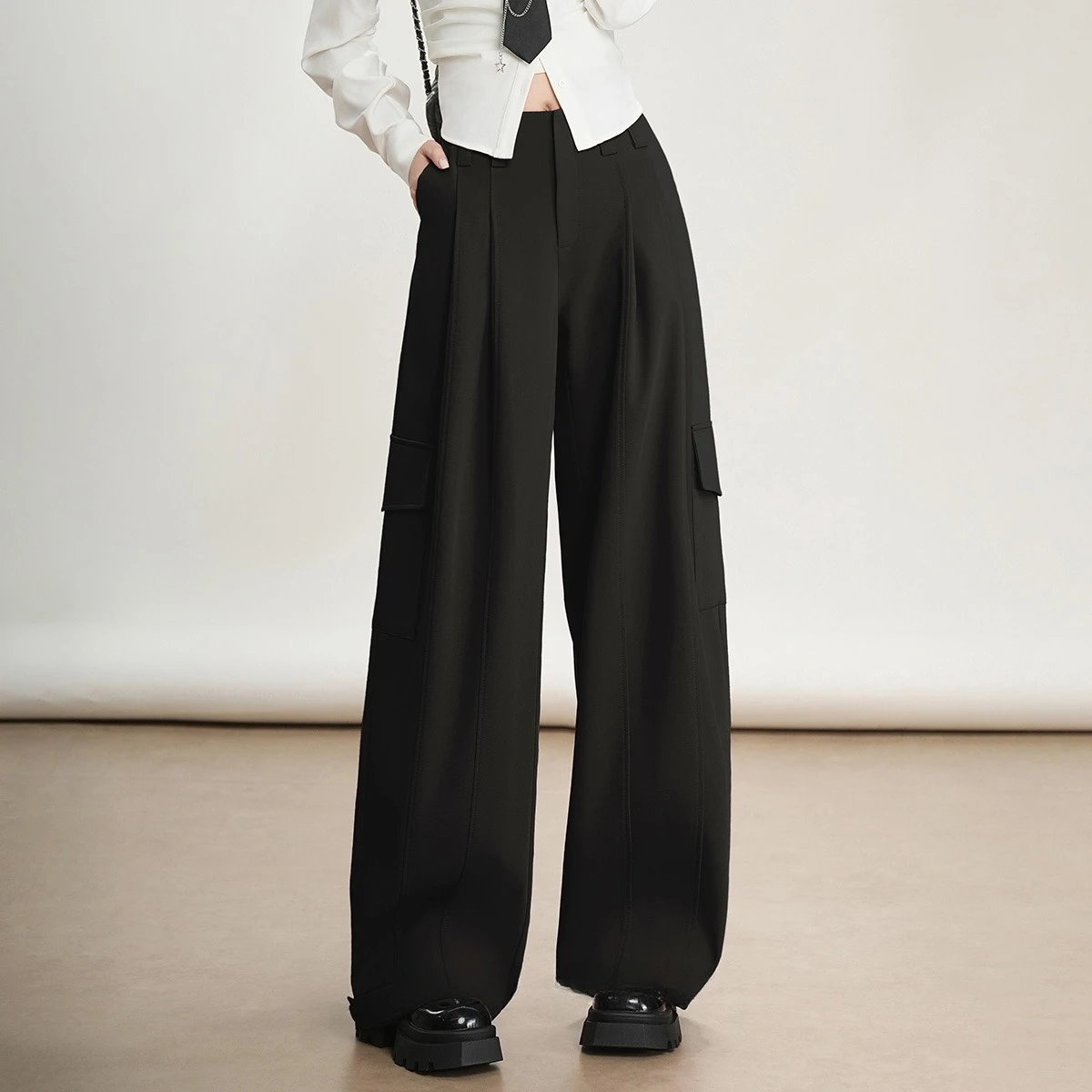 LOUISYAO Adjustable Leg Wide Leg Pants 2025 Autumn Women Large Pocket Loose Non Elastic Casual Long Trousers 