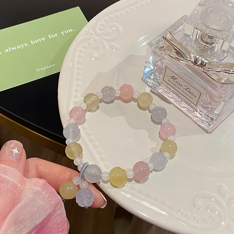 Soft Glutinous Sweet Fresh Spring and Summer Macaron Color Morgan Stone Carved Rose Ins Girl Heart Bracelet Ornament