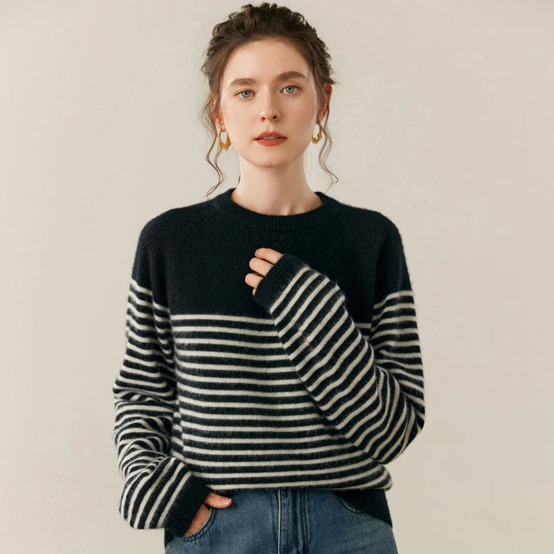 

Новый стильный полосатый пуловер с рукавами-фонариками, женский 100% кашемир, повседневный свитер с круглым вырезом, осень-зима, классический удобный трикотаж