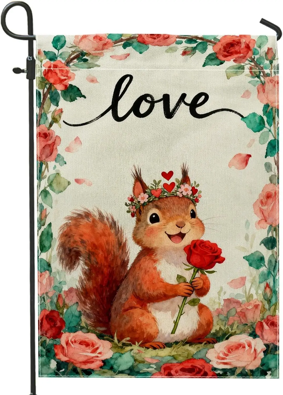 Squirrel Garden Flag, Fanciful Romantic Rose Hearts Spring Peach Burlap Double Sided Decorative Outside Flags for Outdoor Fr IIC