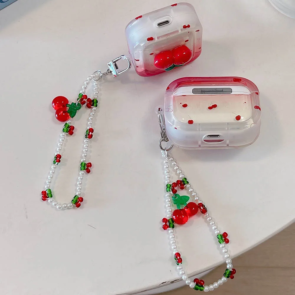 Leuke frisse 3D Cherry zachte TPU oortelefoonhoes voor Airpods Pro 2 2022 2e generatie Air Pods 3 1 3e generatie cover met parelarmband