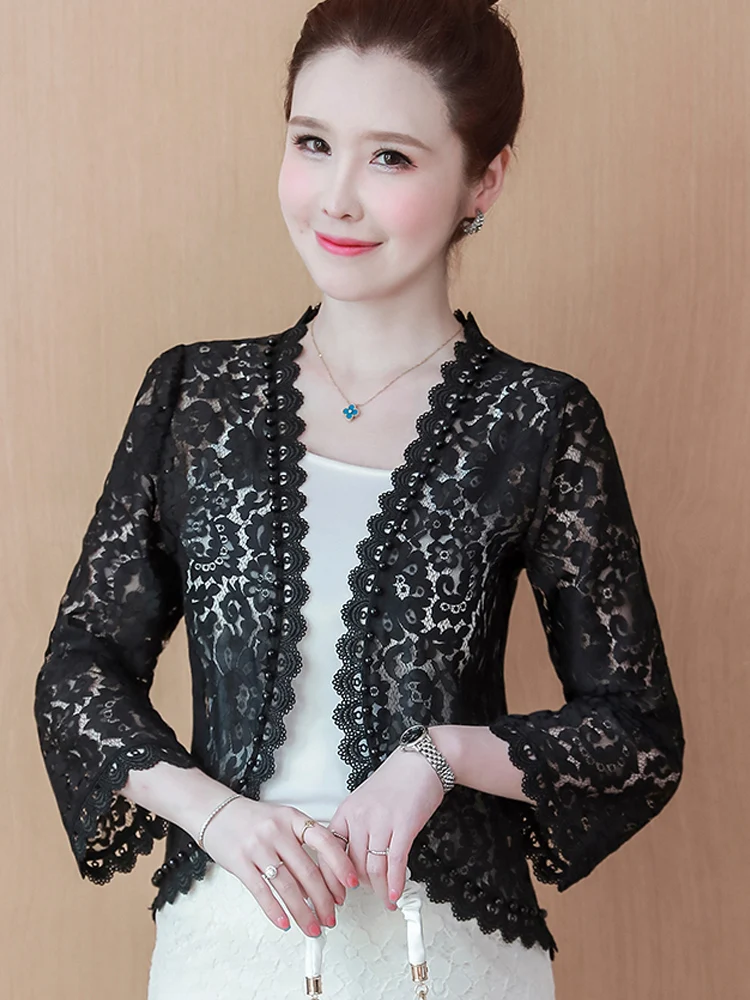 Fashion Long Sleeve Women Jacket Black White Beading Hollow Lace Cardigan Jacket Women Clothes Coat Women Jackets for Women G39