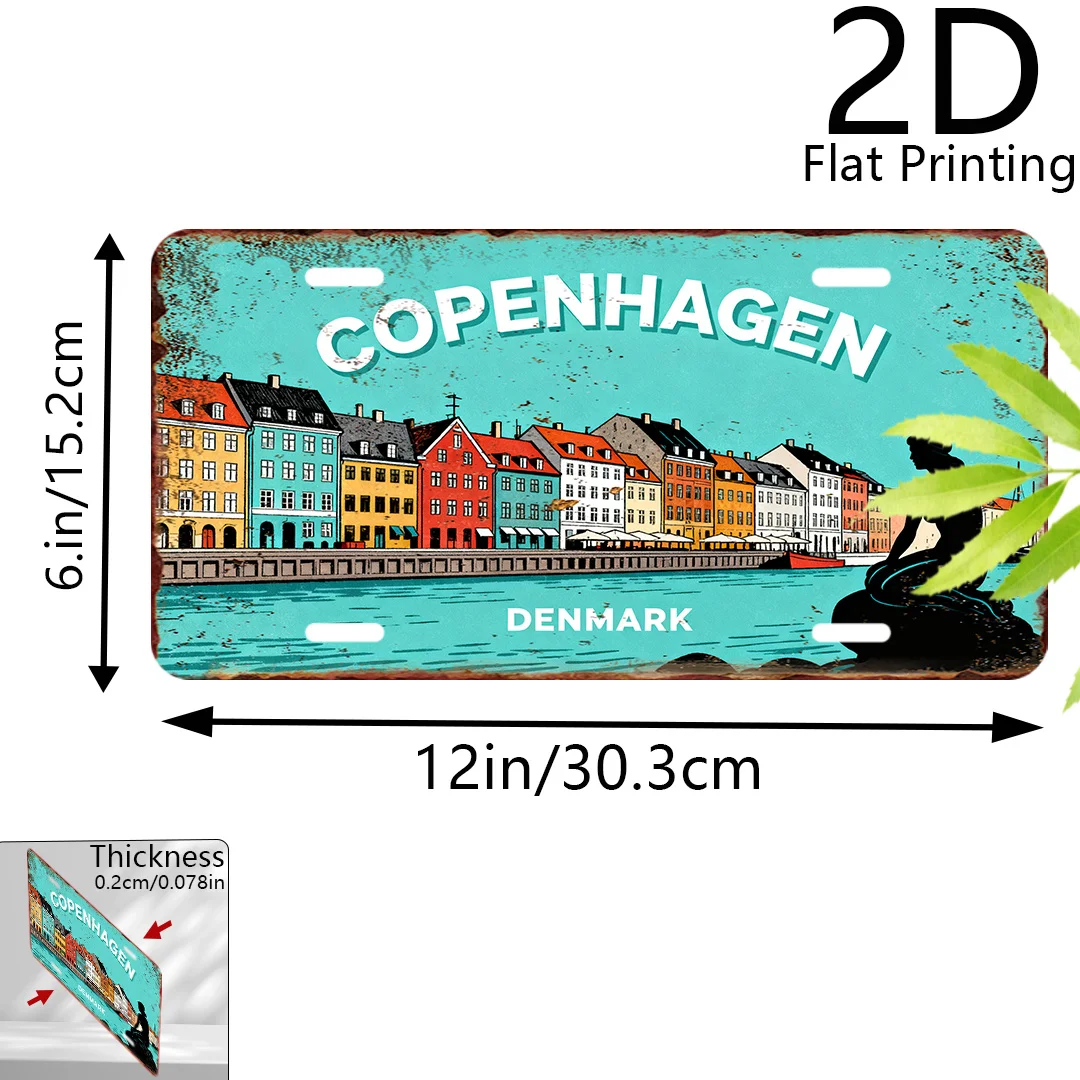 2D Flat, 1pc Copenhagen Denmark License Plate Wall Art - Vintage Danish Map Sign with Nyhavn Waterfront & Little Mermaid Statue,