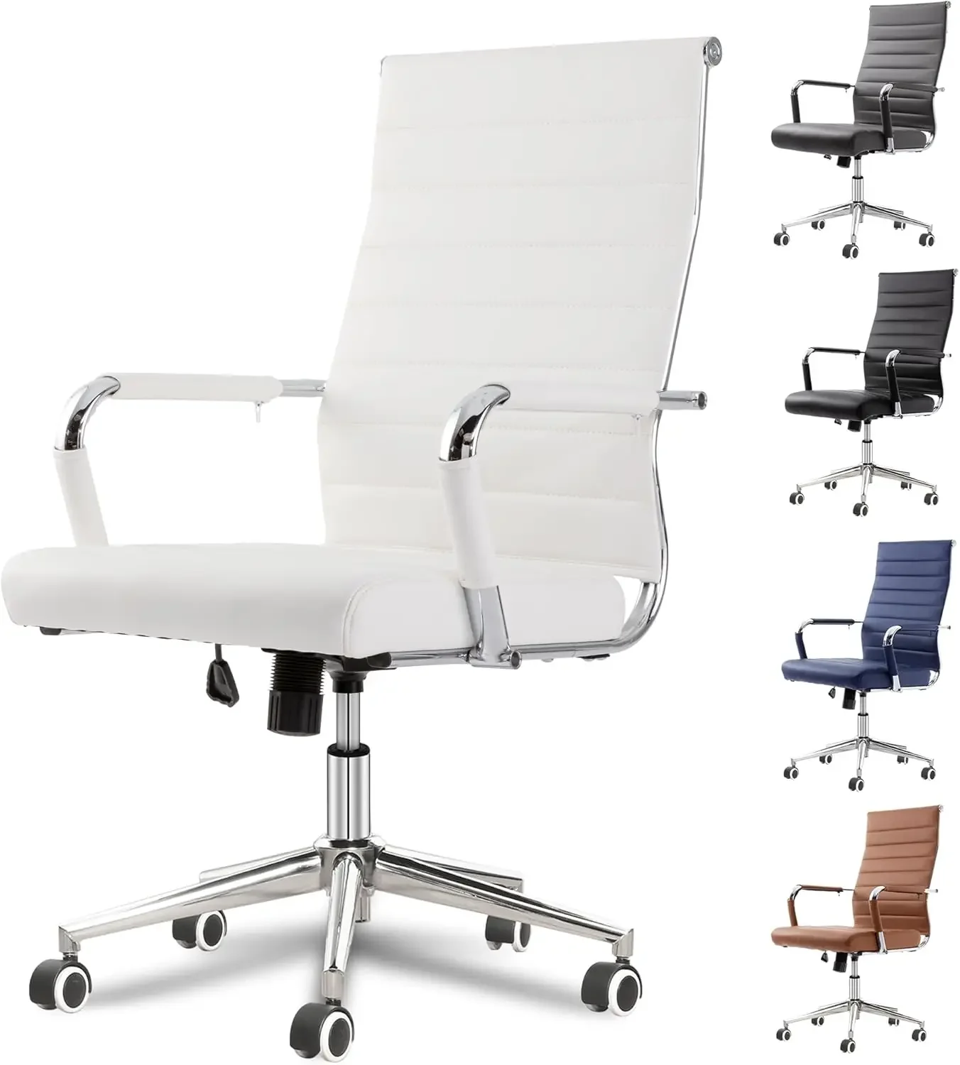 White Office Desk Chair, Ergonomic Leather Modern Conference Room Chairs, Executive Ribbed Height Adjustable Swivel Rolling