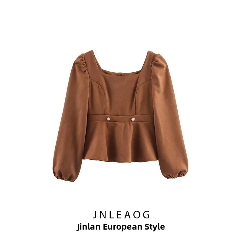 

Модная женская блузка с рукавами-фонариками и квадратным воротником, осенняя новинка JNLEAOG, из полиэфирного волокна, с длинными рукавами, стандартной длины.
