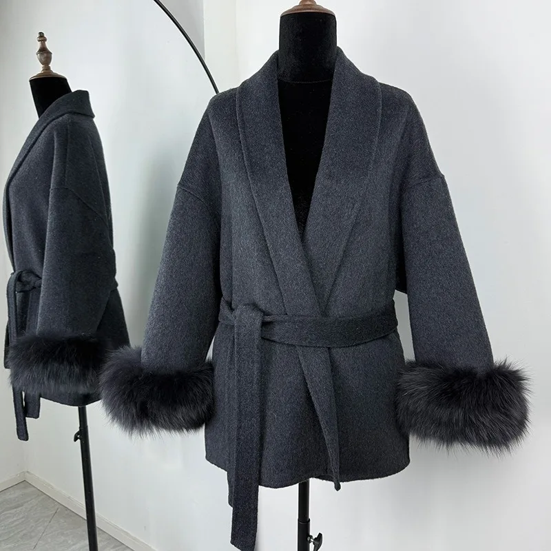 A Best-selling Coat Imitating Fox Fur with Lace-up A New Double-sided Wool Coat for Autumn and Winter, Warm Woolen Top for Women