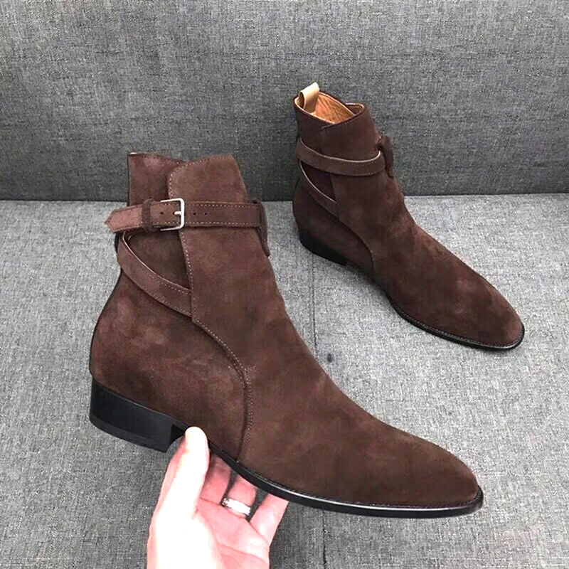 New Black Brown British Genuine Cow Suede Belt Buckle Ankle Boots Man Square Heel Barber Boots Outdoor Shoes Male Vintage Boots