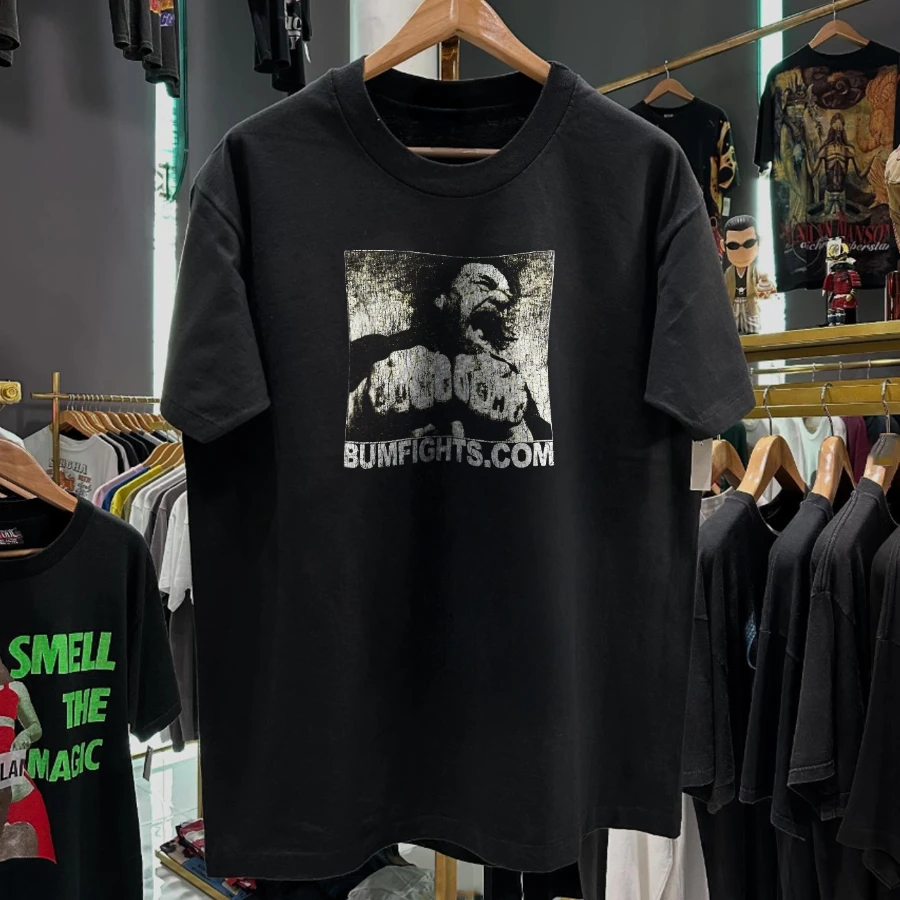 90s Bumfights Promo Rare Washed Black T-Shirt Y2K Style Underground Print Loose Retro Summer