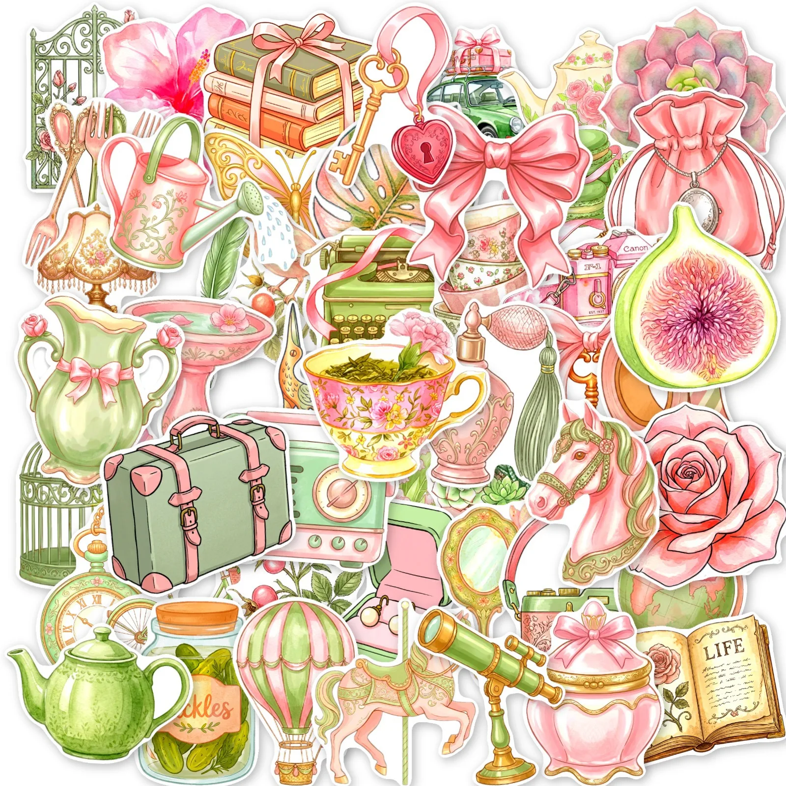 10/30/50PCS Pastel Pink Green Vintage Stickers Macaron Floral Teapot DIY Decor For Phone Laptop Luggage Graffiti Sticker Pack