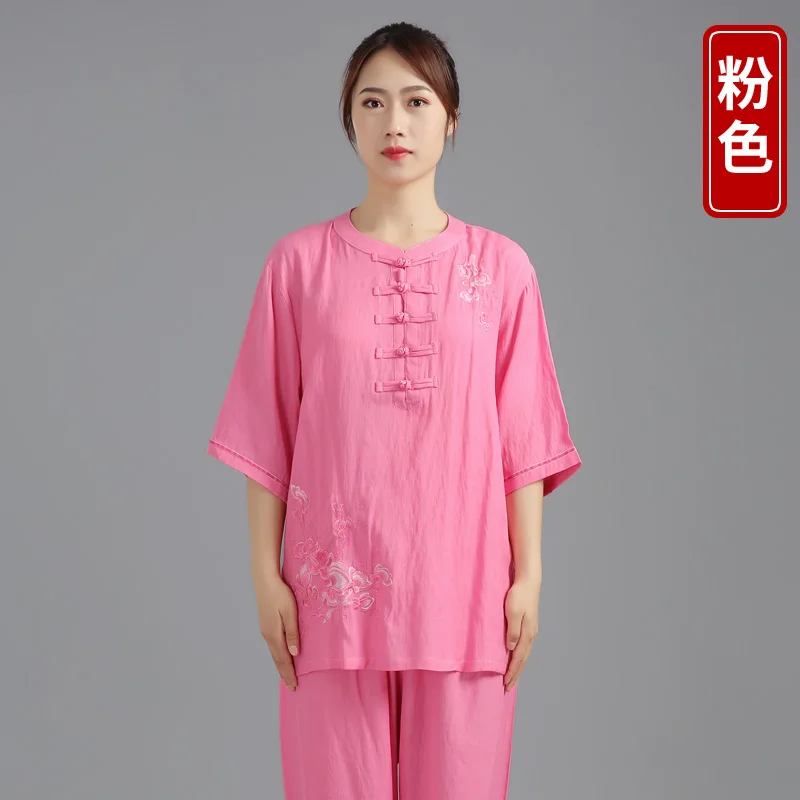 Women Yoga Tai Chi Kungfu Uniform Linen Embroid Loose Sweatshirt+pant Jogger outfit Casual Meditation Martial Art Set Sportswear