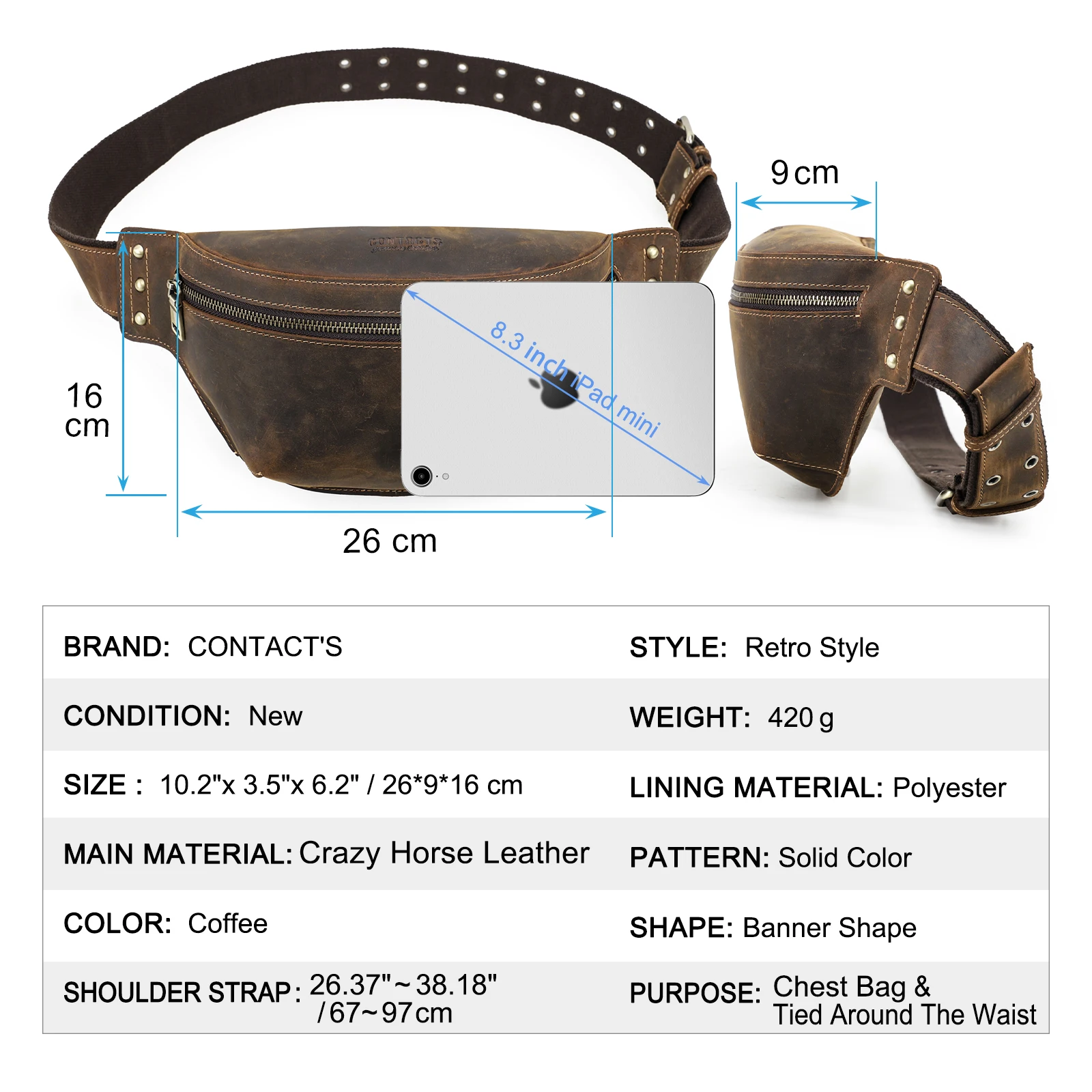 CONTACT\'S Genuine Leather Waist Bags Crazy Horse Leather Men Waist Pack Hip Bum Bag Crossbody Bag Travel Bag for 8.3\