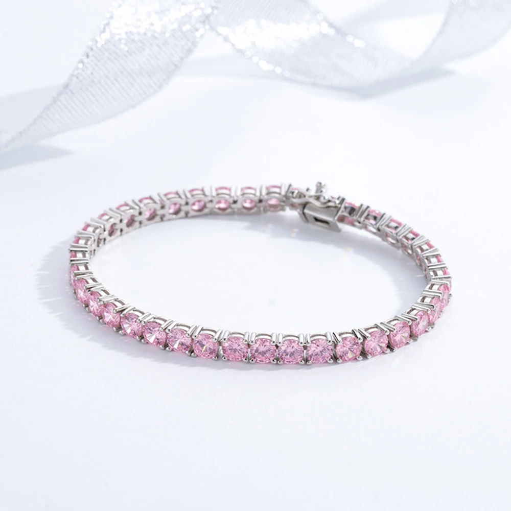 Wong Rain New In Solid 925 Sterling Silver 5MM Lab Pink Sapphire Gemstone Tennis Chain Bracelets Fine Jewelry Christmas Gift