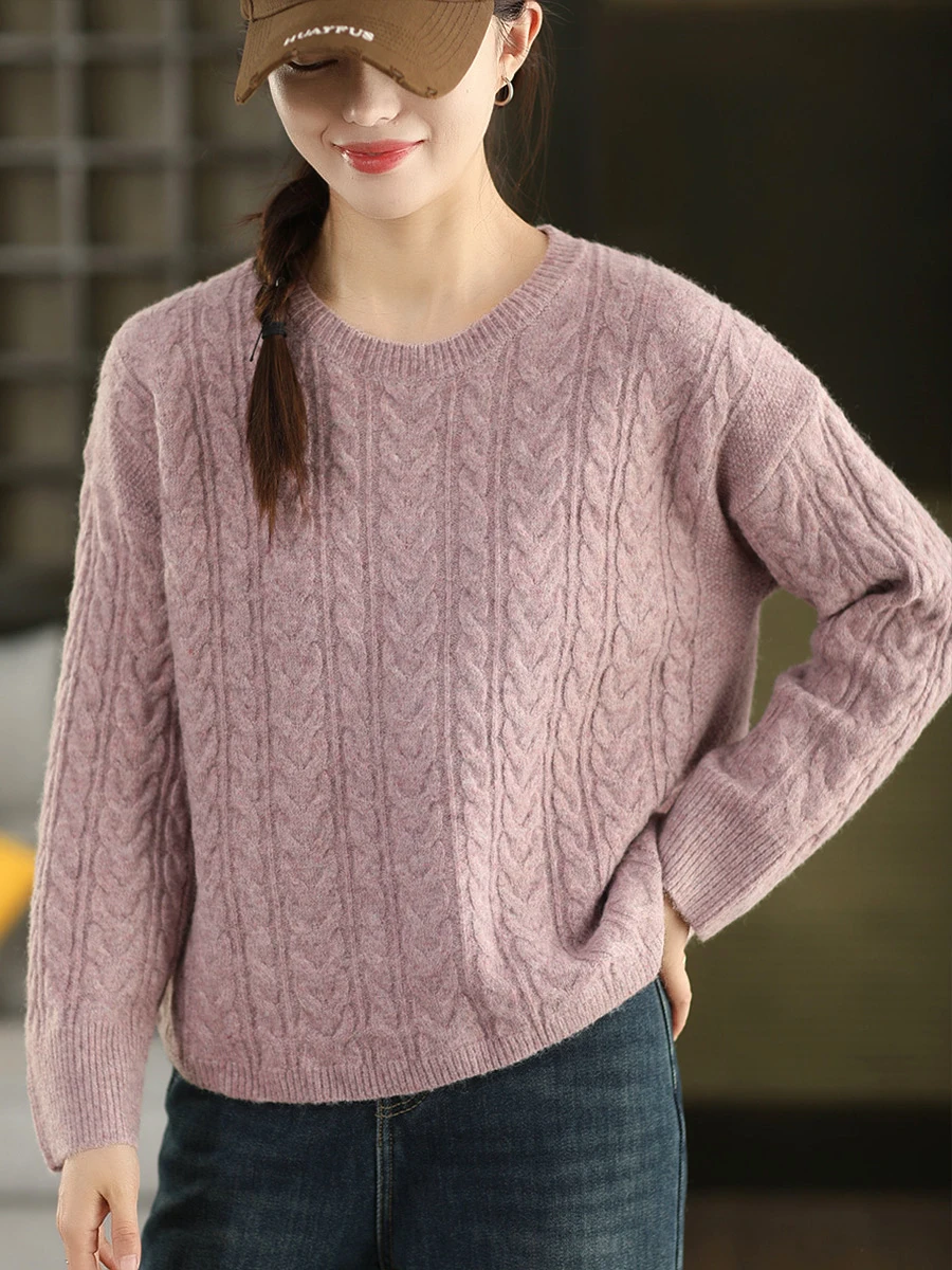 

Вязаный осенне-зимний свитер с круглым вырезом, мягкий, теплый, с длинными рукавами, повседневный топ для женщин, с узором косы, 2025 Fa...