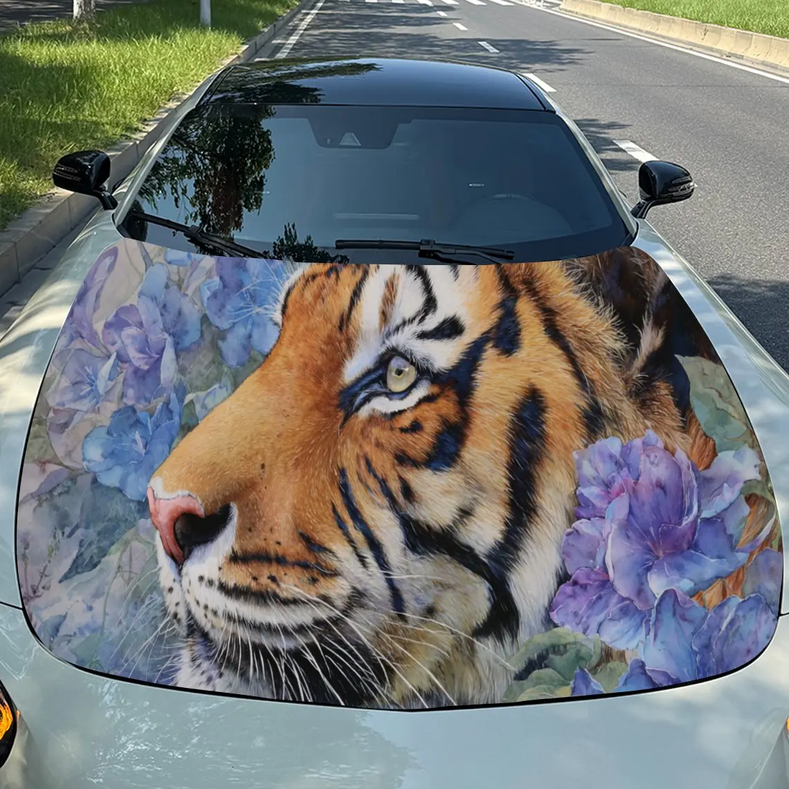 

Lively - Style Floral Tiger Car Vinyl Wrap, PVC Waterproof Car Hood Sticker, Self-Adhesive Scratch-Resistant Stickers for Engine