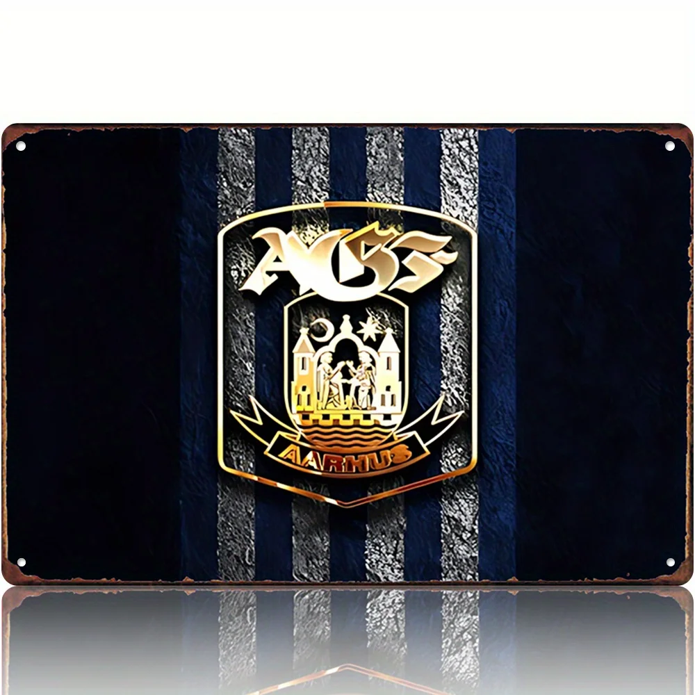 ,  Aarhus AGF Team Vintage Metal Wall Art Sign  - Dark Blue & White Stripes with Golden Shield Emblem,  Metal Decor for Man Cave