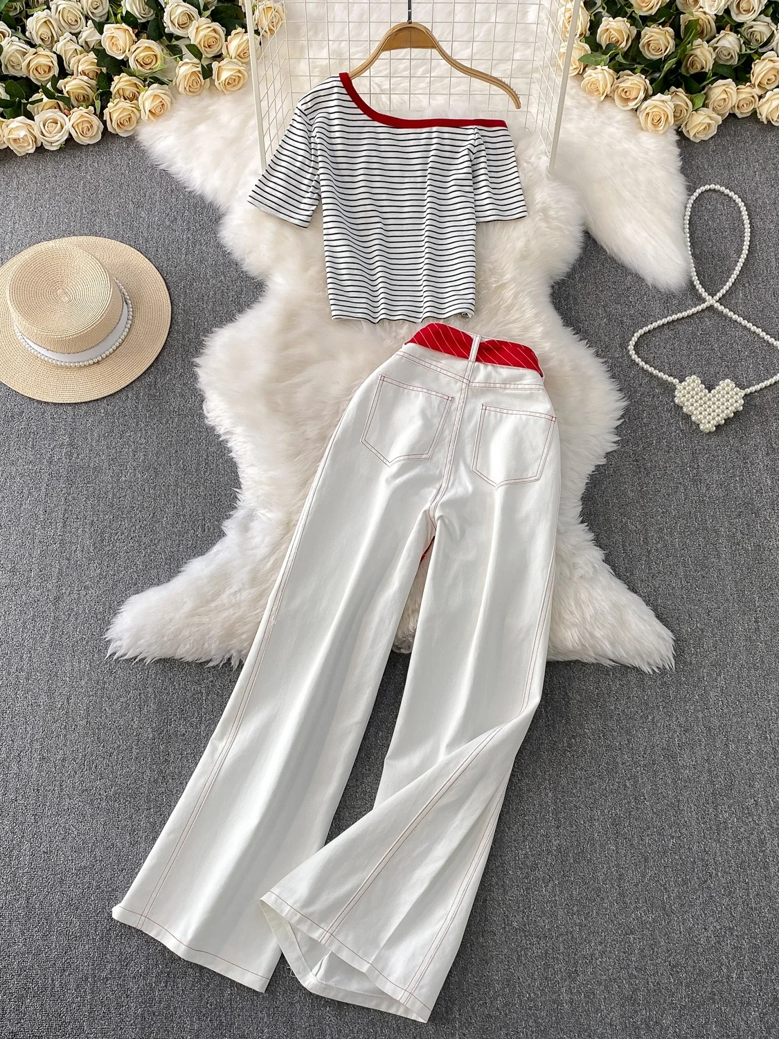 Sexy Oulder Bared Stripe Ort Sve T Irt Plus Schlankheits-Jeans-Set mit weitem Bein und hoher Taille Pure Desire Sle Summer Faion